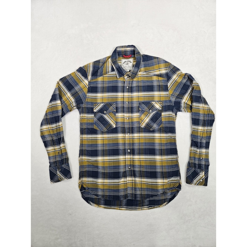 Iron & Resin Flannel Shirt Men's Small Blue Yellow Plaid‎ Button Up Outdoor Snap